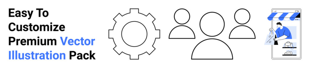 Gear symbol, three user icons, and online shopping graphic with storefront illustrate collaboration, customization, and e-commerce. Ideal for teamwork, online business, technology, and innovation