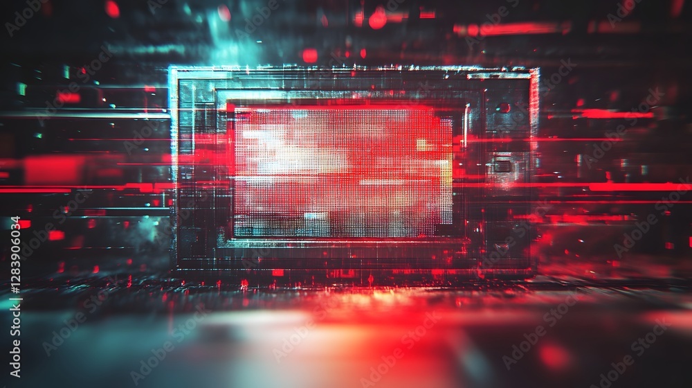 Poster Futuristic neon glitch matrix digital abstract background with geometric shapes frames and light effects  Vibrant hi tech modern visualization of data and technology  3D render
