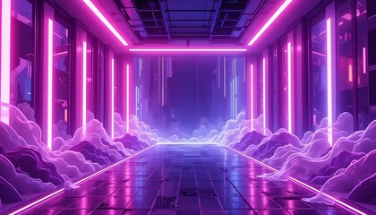 Fototapeta premium Futuristic corridor with neon lights and vapor clouds in a stylish abstract digital environment