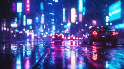 Obraz premium City streets illuminated by neon lights and raindrops during a vibrant night atmosphere with moving cars reflecting colors on wet pavement