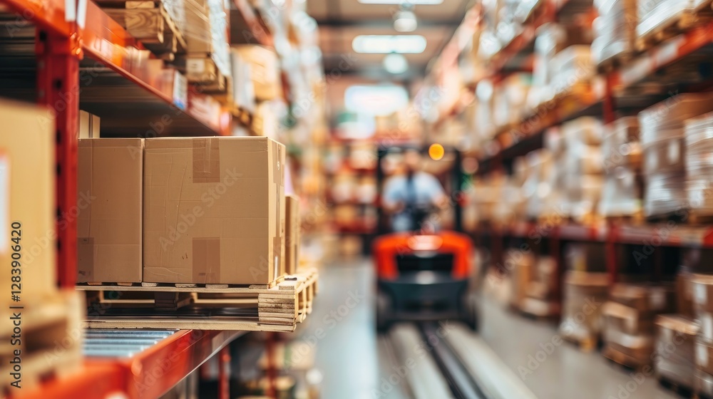 Poster a busy warehouse scene with stacked boxes on shelves and a forklift operating in the background, emp