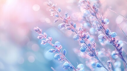 Dew-kissed flowers glisten under morning light in a tranquil garden setting during springtime with soft pastel hues and delicate petals