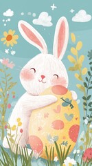 Un conejo tierno abraza un huevo de colores en un jardín lleno de flores y un cielo azul.