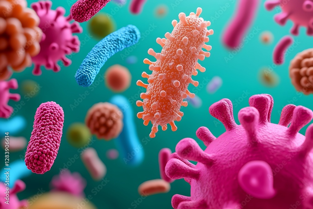 Poster a vibrant microscopic view of various colorful bacteria and viruses, showcasing their diverse shapes