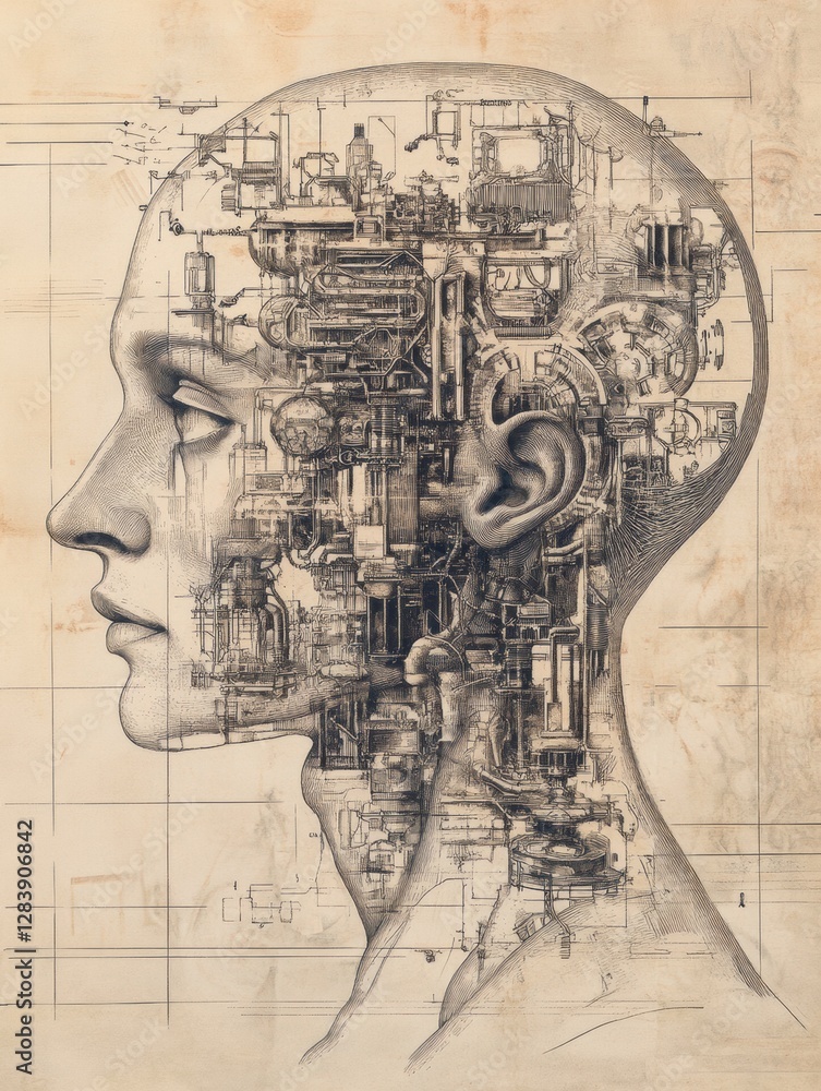 Aufkleber complex interplay of mechanisms illustrating artificial intelligence within human head outline on te