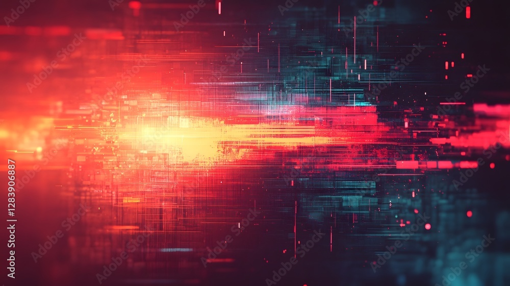 Poster Glitch Art Explosion An abstract digital artwork that combines vibrant neon colors pulsating energy and a chaotic glitch like visual effect creating a mesmerizing and futuristic atmosphere