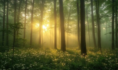 Fototapeta premium Sunlit misty forest, wildflowers, peaceful dawn. Nature scene, wallpaper