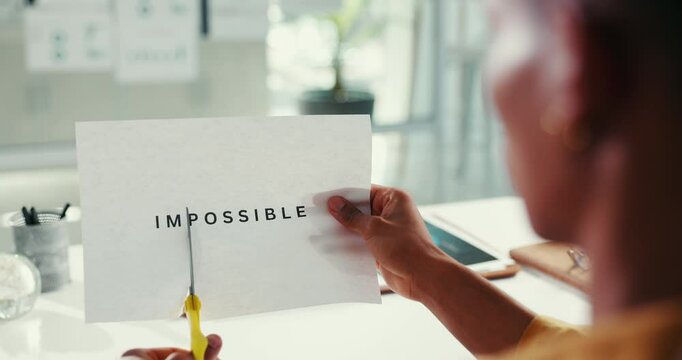 Scissors, hands and person with text for motivation, impossible or words of resilience in challenge. Change, letters or cutting paper for quote and positive message of inspiration for future goal