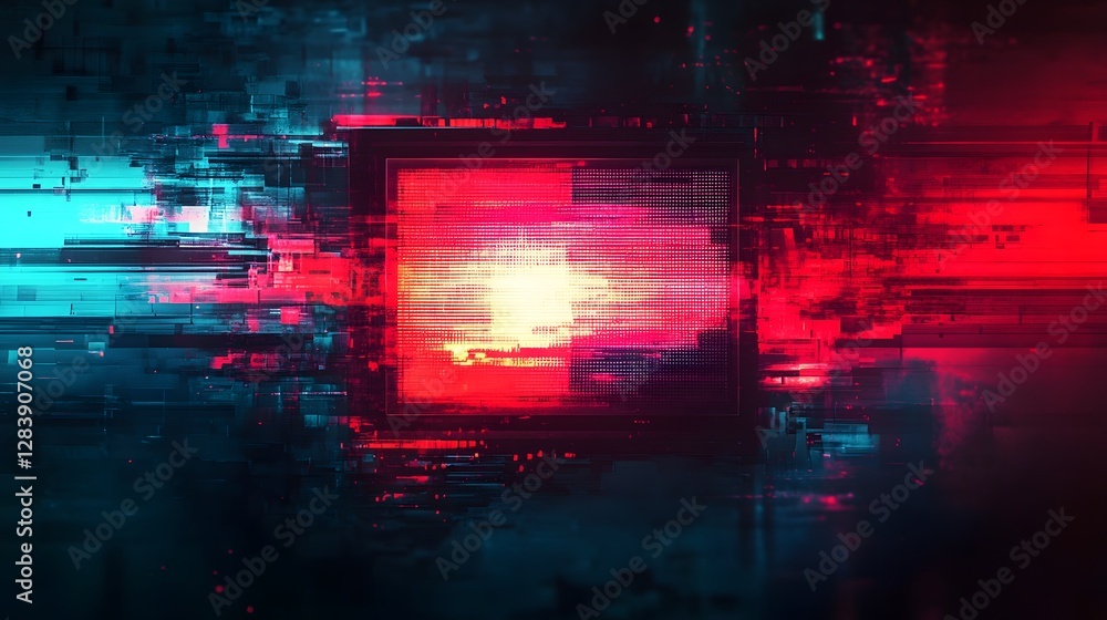 Poster Glitched and distorted abstract digital background with vibrant red and blue lights creating a futuristic and surreal atmosphere