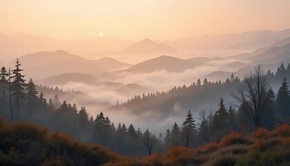 Obraz premium Serene Mountain Landscape with Soft Mist at Sunrise Above Lush Green Forests in Tranquil Nature Scene