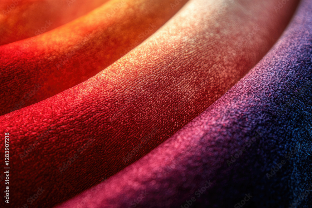 Poster close-up of richly textured velvet fabric showcasing a vibrant ombre effect transitioning from warm 