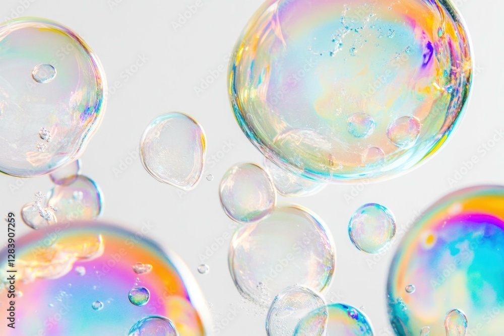 Poster colorful soap bubbles floating in the air, creating a dreamy and playful atmosphere perfect for conc