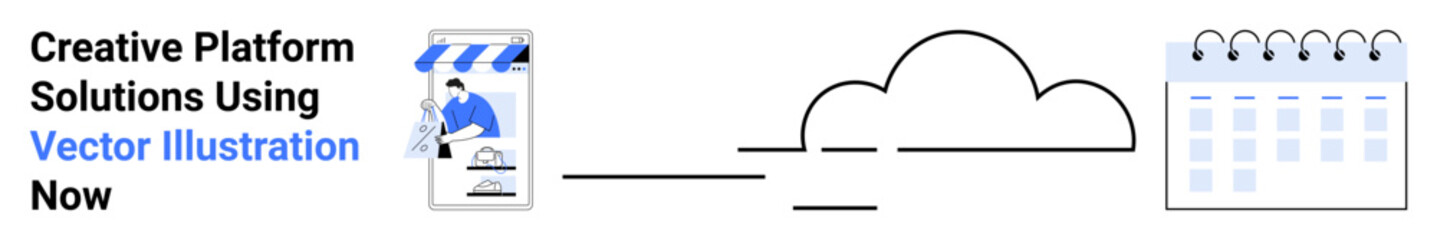 Online store platform, cloud data sharing, and calendar for scheduling. Ideal for business management, cloud services, e-commerce, scheduling, marketing, digital strategy flat landing page banner