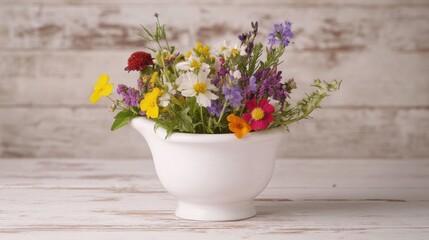 wildflowers in white bowl on rustic wooden background