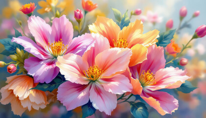 Exquisite floral arrangement displays pink peach and orange blossoms beautifully