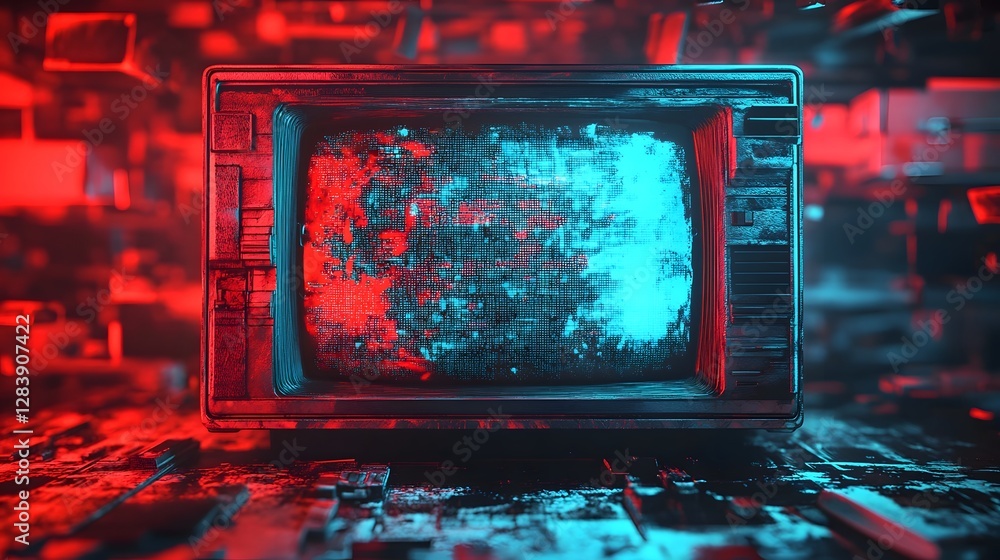 Poster Glitched and distorted digital display with vibrant red and blue neon patterns abstract textural backgrounds and a futuristic experimental aesthetic