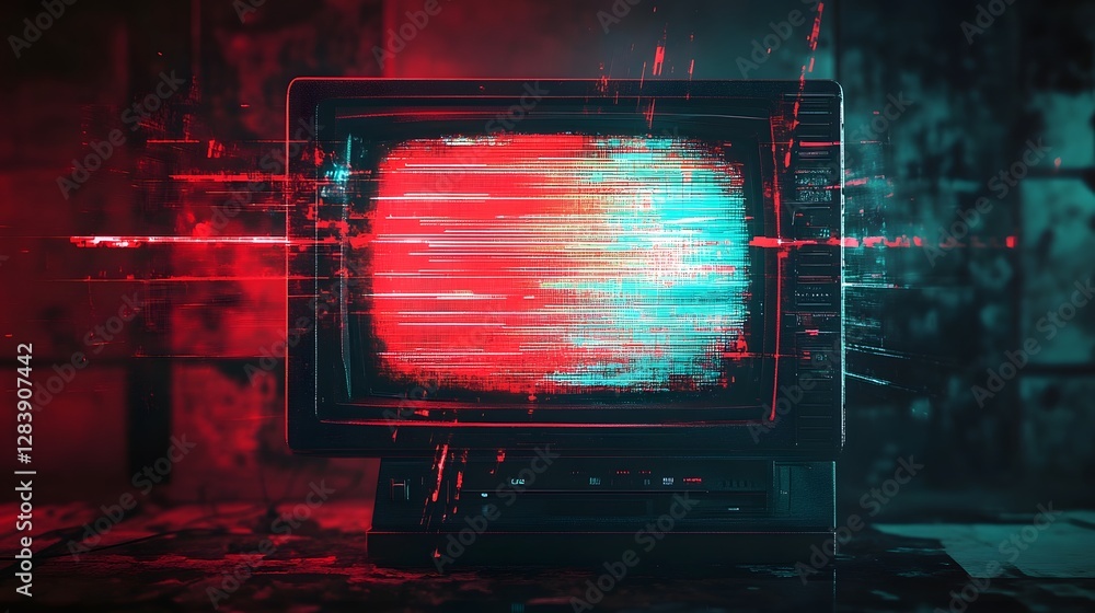 Poster Glitched and distorted digital display with neon lighting and abstract visuals creating a futuristic cyberpunk inspired aesthetic  The vibrant colors dynamic movement