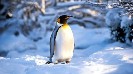 Fototapeta premium King penguin standing tall on snowy terrain, highlighting Antarctic wildlife against blurred white background with regal posture