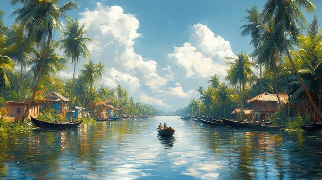 Idyllic backwater scene with palm trees, houses, and a small boat.