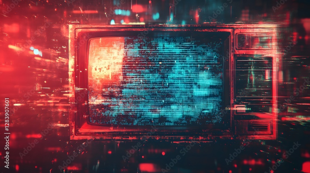 Poster Glitched and distorted digital screen with vibrant neon red and blue lights creating a cyberpunk inspired technological environment