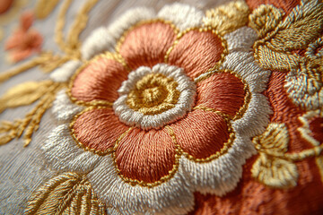 Intricate floral embroidery, showcasing peach and gold threads on a light fabric, detailed close-up.