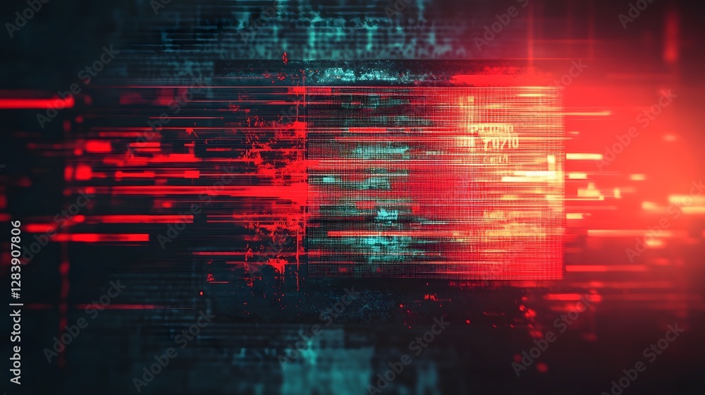 Poster Glitched digital abstract background with overlapping neon lights layered geometric patterns and dynamic disruption effects that create a futuristic and surreal visuals