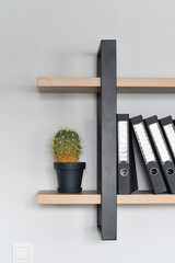 Creative wooden shelve with empty black folders and green plant in modern office interior. Selective focus.
