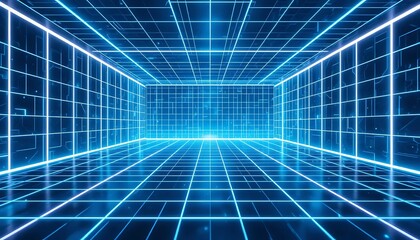 Futuristic Neon Grid Room with Glowing Blue Lines and Dark Background for Technology Backgrounds