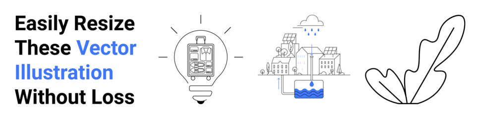 Naklejka premium Lightbulb with cityscape, eco-friendly homes under rain, abstract plant outline. Ideal for sustainability, creativity, energy concepts, urban planning, technology, nature themes flat landing page