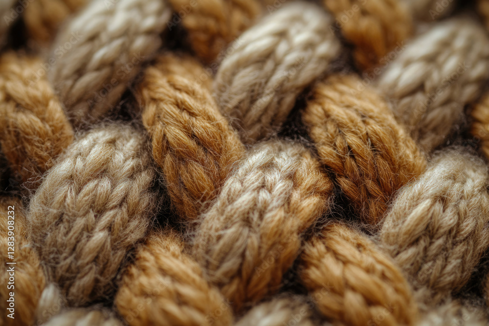 Aufkleber close-up of a knitted fabric with a textured pattern in beige and brown tones.