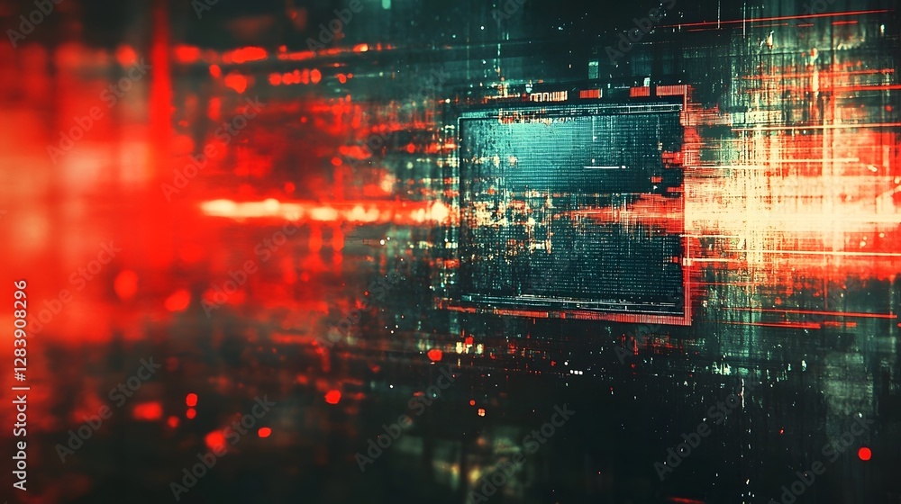 Poster Glitched dynamic and mesmerizing abstract digital art background with overlapping neon lights particles and data like elements