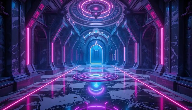 Futuristic Abstract Hallway with Neon Lights and Reflective Surfaces in a Dark Atmosphere