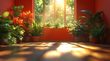 Sunlit room with potted plants on wooden floor.