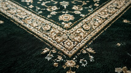 A beautifully crafted mosque carpet features intricate floral patterns, showcasing rich colors and delicate details. This textile adds warmth and artistic charm to worship environments