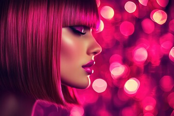 A profile view of a woman with vibrant pink hair against a blurred pink background.