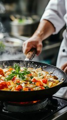 A chef prepares a colorful dish in a sizzling pan, showcasing fresh ingredients and culinary skill in a vibrant kitchen setting.