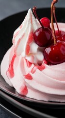 A Whimsical Cherry Meringue Dessert with Whipped Cream and Red Cherries