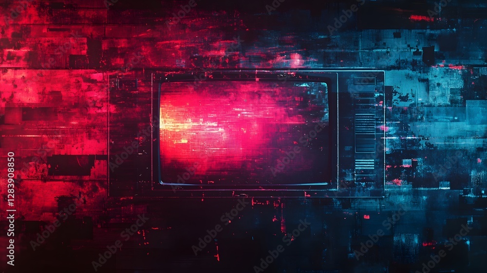Leinwandbilder Glitched neon digital abstract technology display background with distorted blurred and motion filled futuristic graphics codes and data on a projected screen or monitor