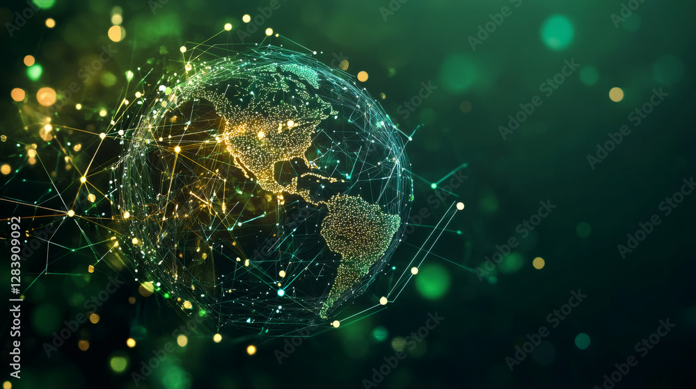 Aufkleber glowing planet earth spinning, revealing interconnected digital network lines with soft bokeh illumi
