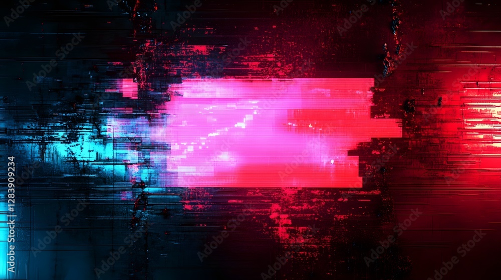 Poster Glitched neon infused digital art explosion with vibrant colorful and chaotic movement creating a futuristic surreal and experimental visual experience  Featuring abstract geometric patterns