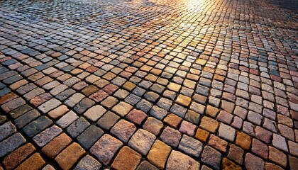 A pattern of textured stone paving slabs in a city street or courtyard, with natural variations in color and shape
