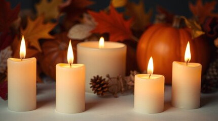 Autumn Candles with Pumpkins and Leaves – Warm Fall Decoration for Thanksgiving and Seasonal Decor