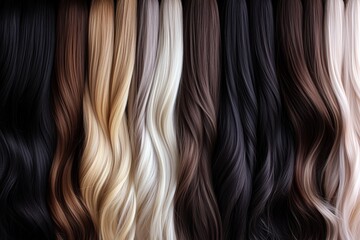 Naklejka premium A variety of hair color samples displayed in wavy strands, showcasing different shades and textures.