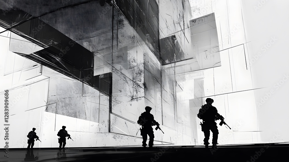 Poster silhouetted figures walking under abstract structures, monochrome cityscape showcasing modern archit