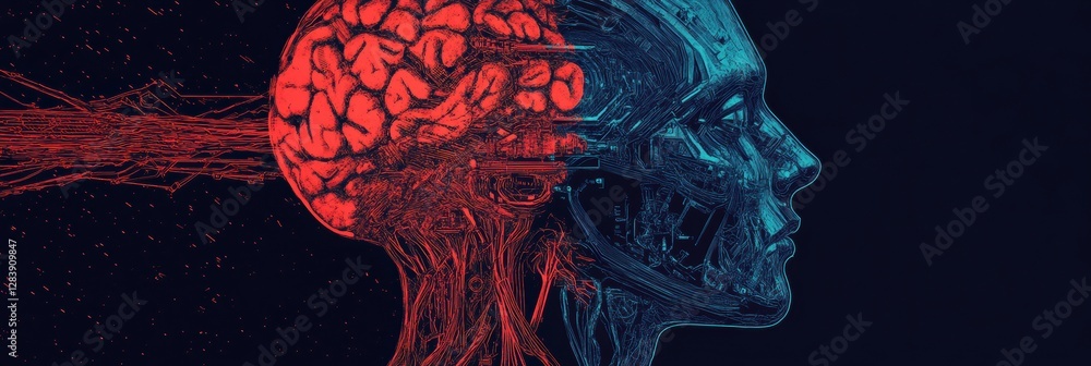 Poster Human and machine merge in a captivating display of cyborg technology and artificial intelligence. Generative AI