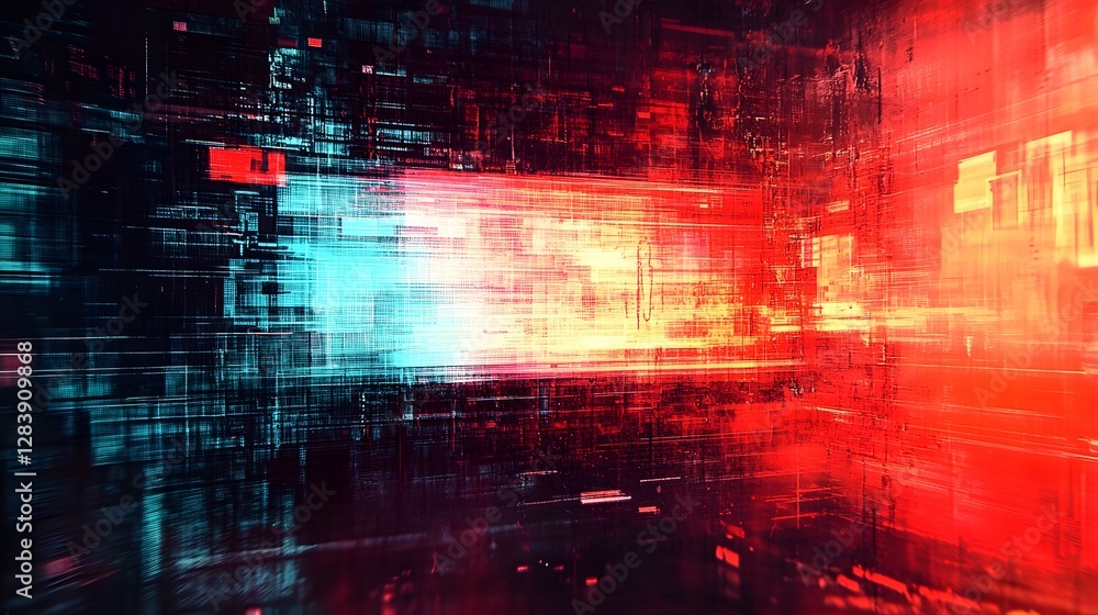 Poster Glitching digital landscape with futuristic neon lights chaotic energetic patterns and abstract technological elements  Vibrant color scheme and striking visual effects create a surreal electric