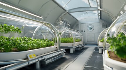 Obraz premium A futuristic space farm with hydroponic plant modules floating in zero gravity, transparent biodomes providing food for an off world colony, advanced life