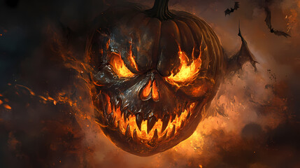 Fototapeta premium A spooky halloween portrait of a grinning skull mask emerging from a carved pumpkin. Demonic Smiling Portraits. Illustration