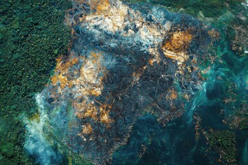 Aerial view of deforestation and pollution, a somber environmental message, showing the devastation of the Amazon rainforest, dramatic contrast between green forest and destruction.