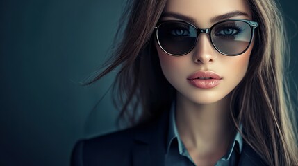 Confident young caucasian female in sunglasses with long hair and chic blazer